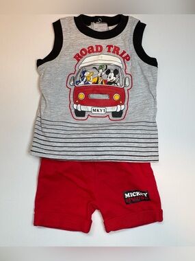 Disney Baby Mickey and Friends Outfit Set Red Gray Sleeveless Shorts, Size 0–3M